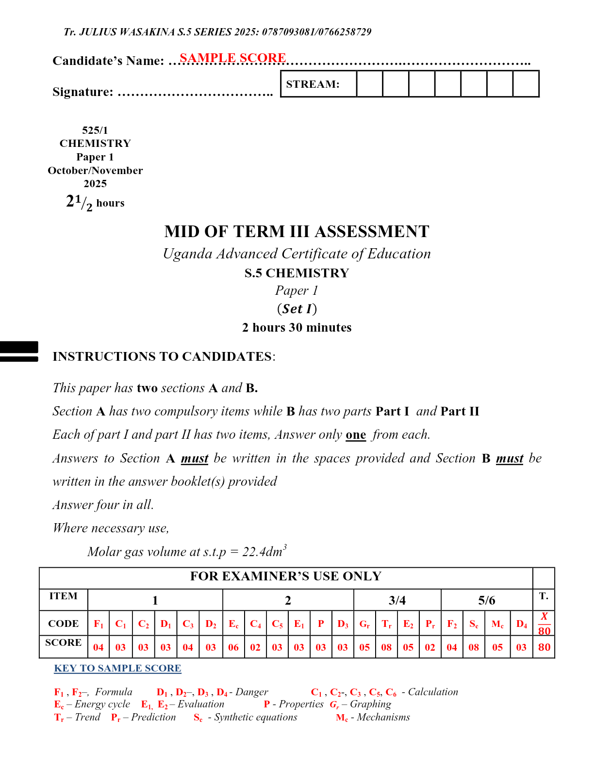 S.5 SET 1 TERM III Scored Guide  CHEMISTRY MID TERM III SAMPLE PAPER 1