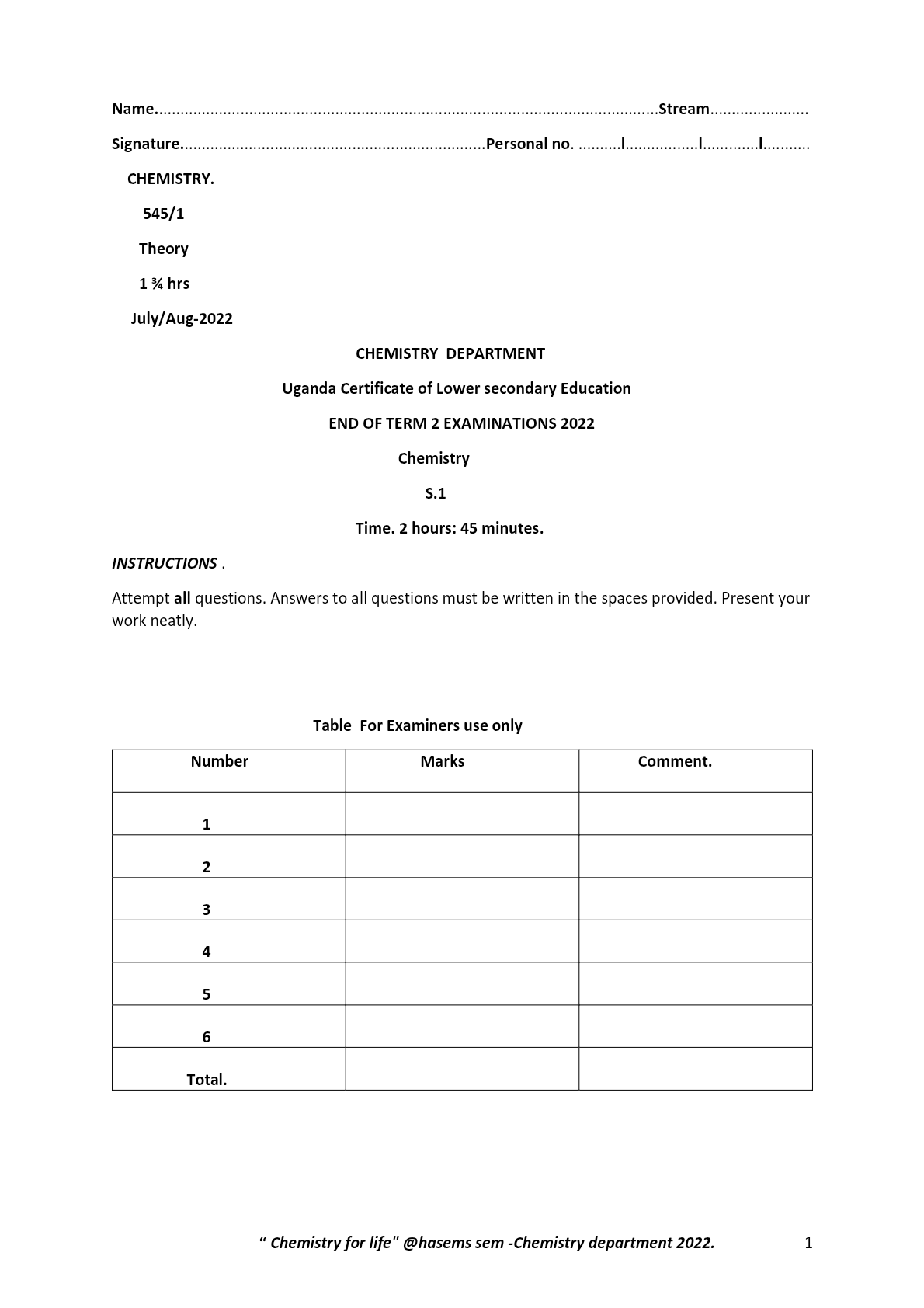 Competence Based Curriculum. Chemistry exsmination