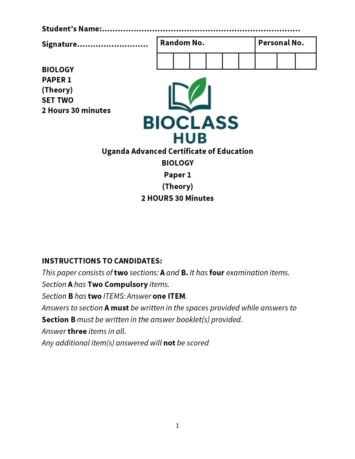 S.5 BIOLOGY P.1 TERM III 2025 BIOCLASS UG