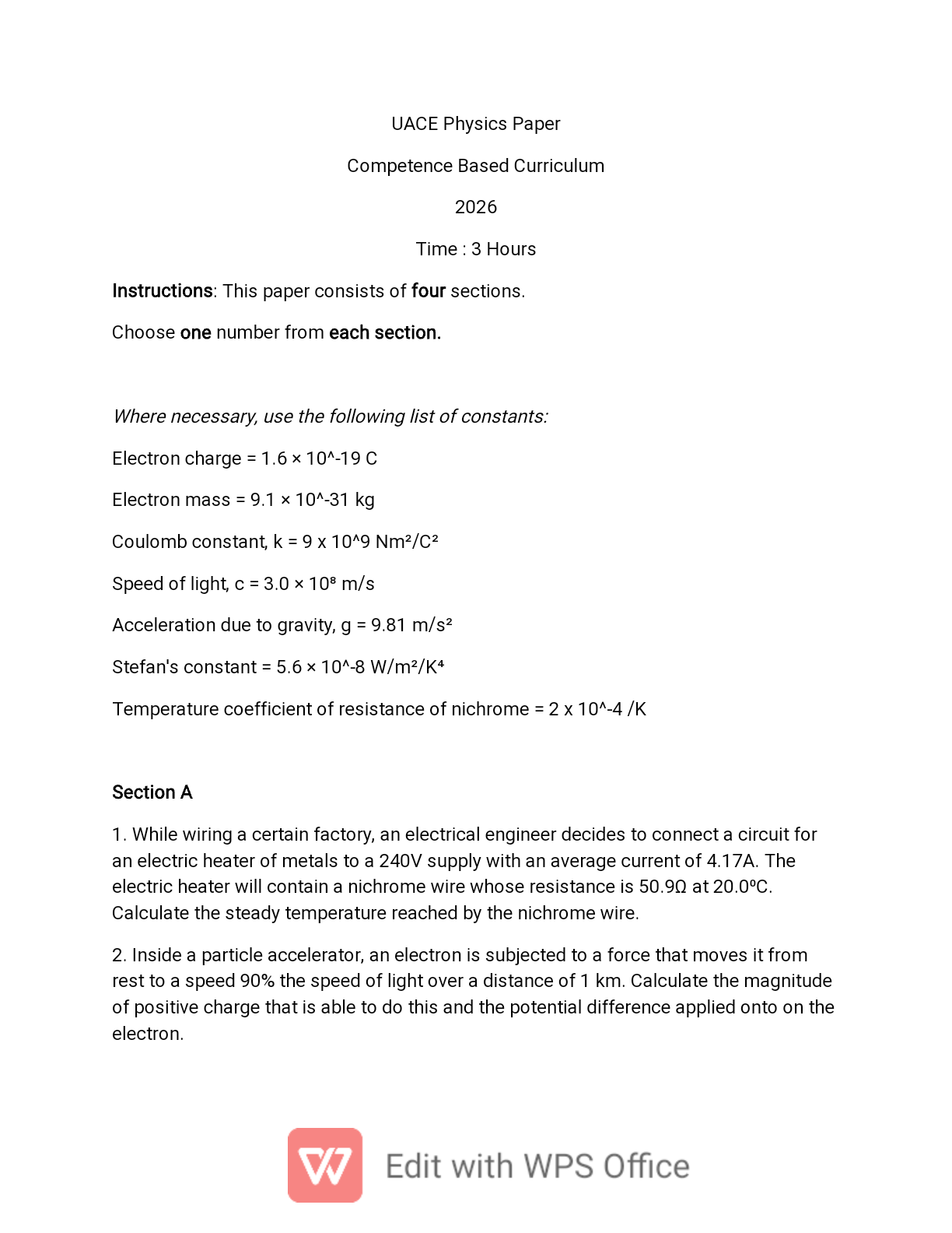UACE Physics Paper 2026