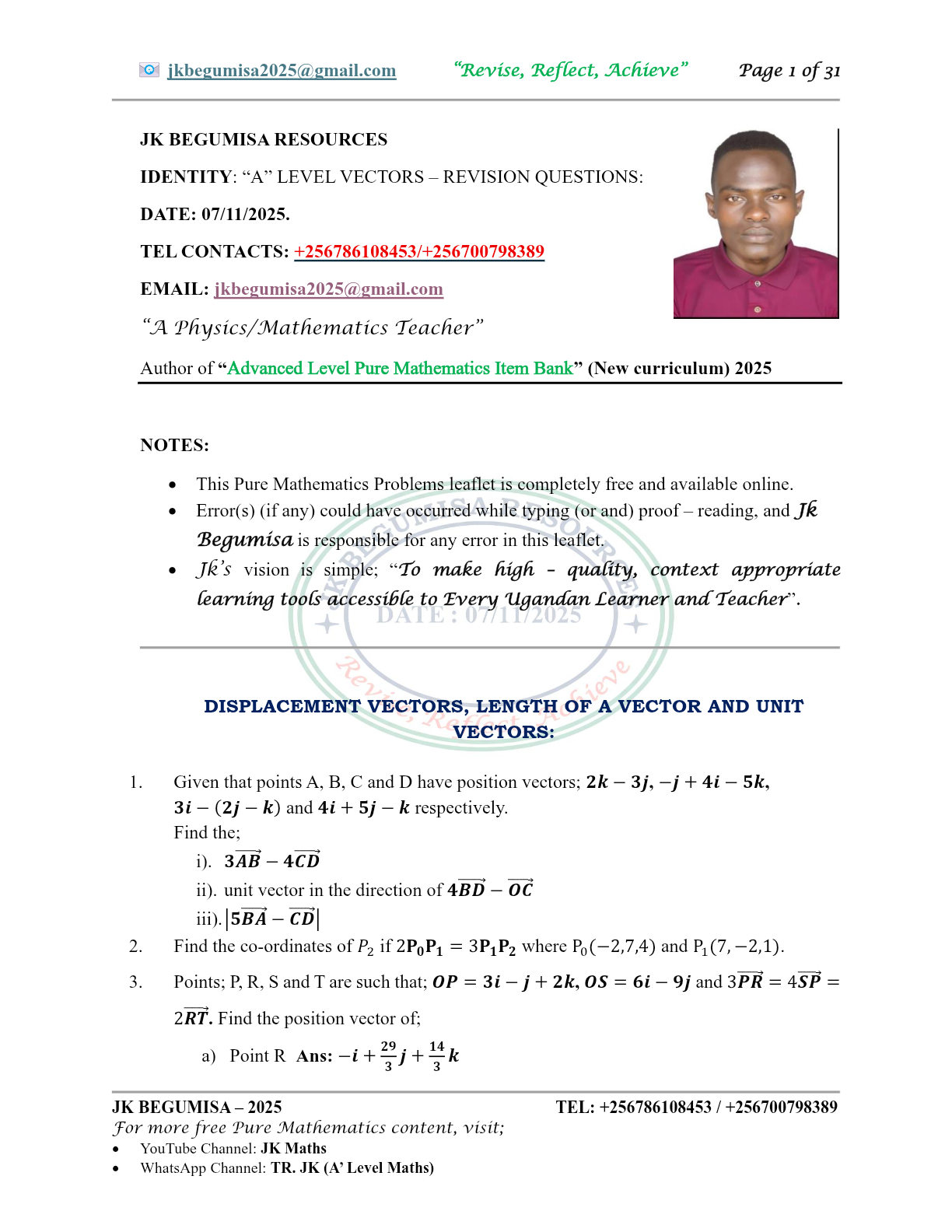 200+ A' LEVEL VECTORS PRACTICE QUESTIONS - JK BEGUMISA