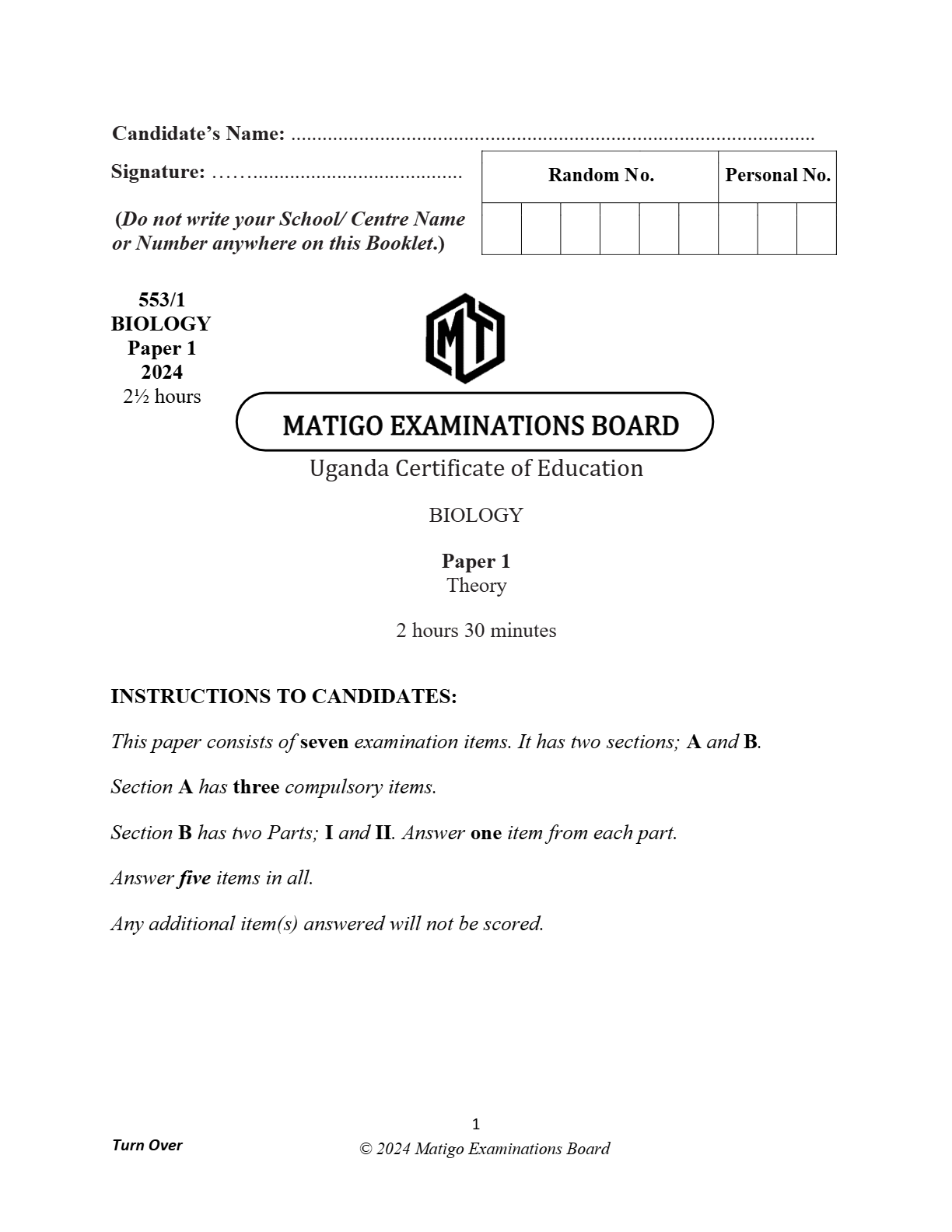 CORRECTED MATIGO UCE BIOLOGY PAPER 1 2024