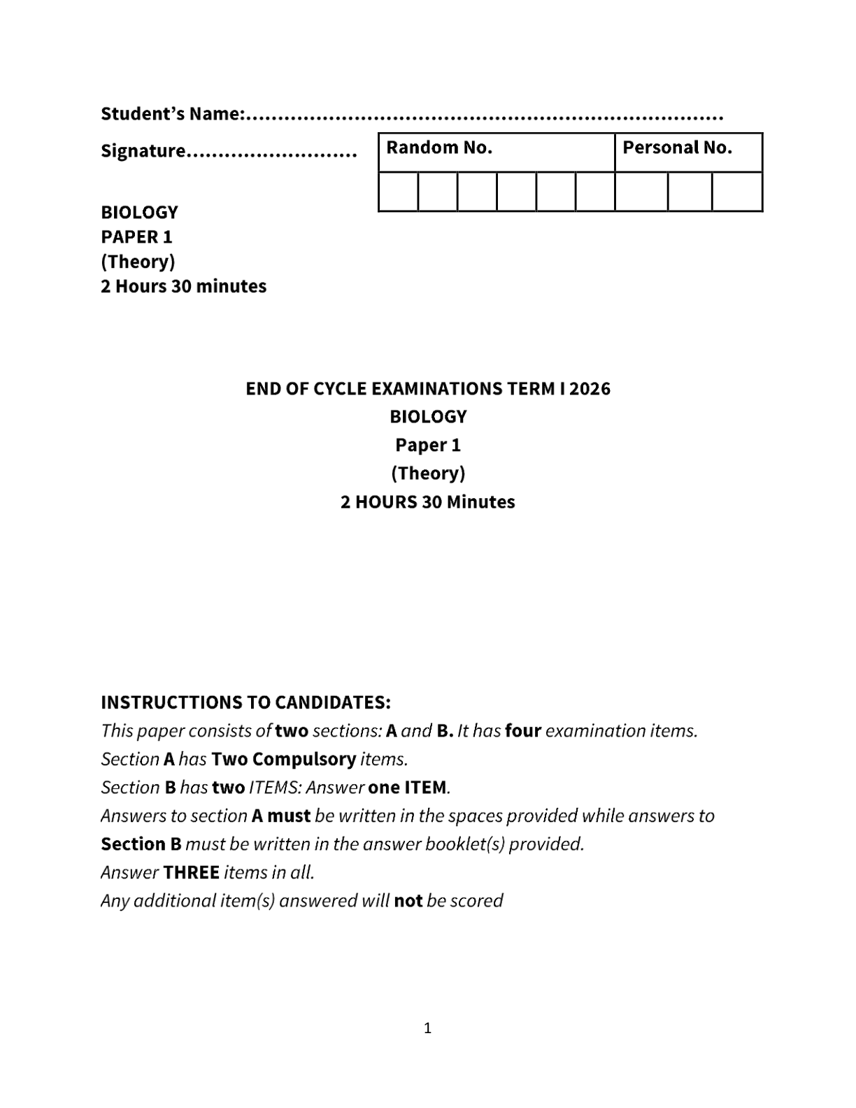 S.5 BIOLOGY WEEKLY TEST TERM I 2026