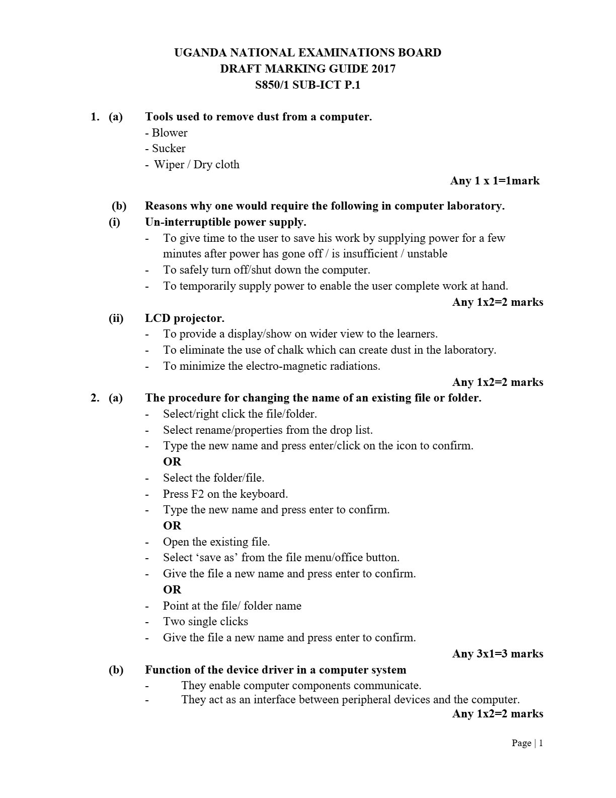 UNEB SUBSIDIARY ICT S850-1 MARKING GUIDE 2017