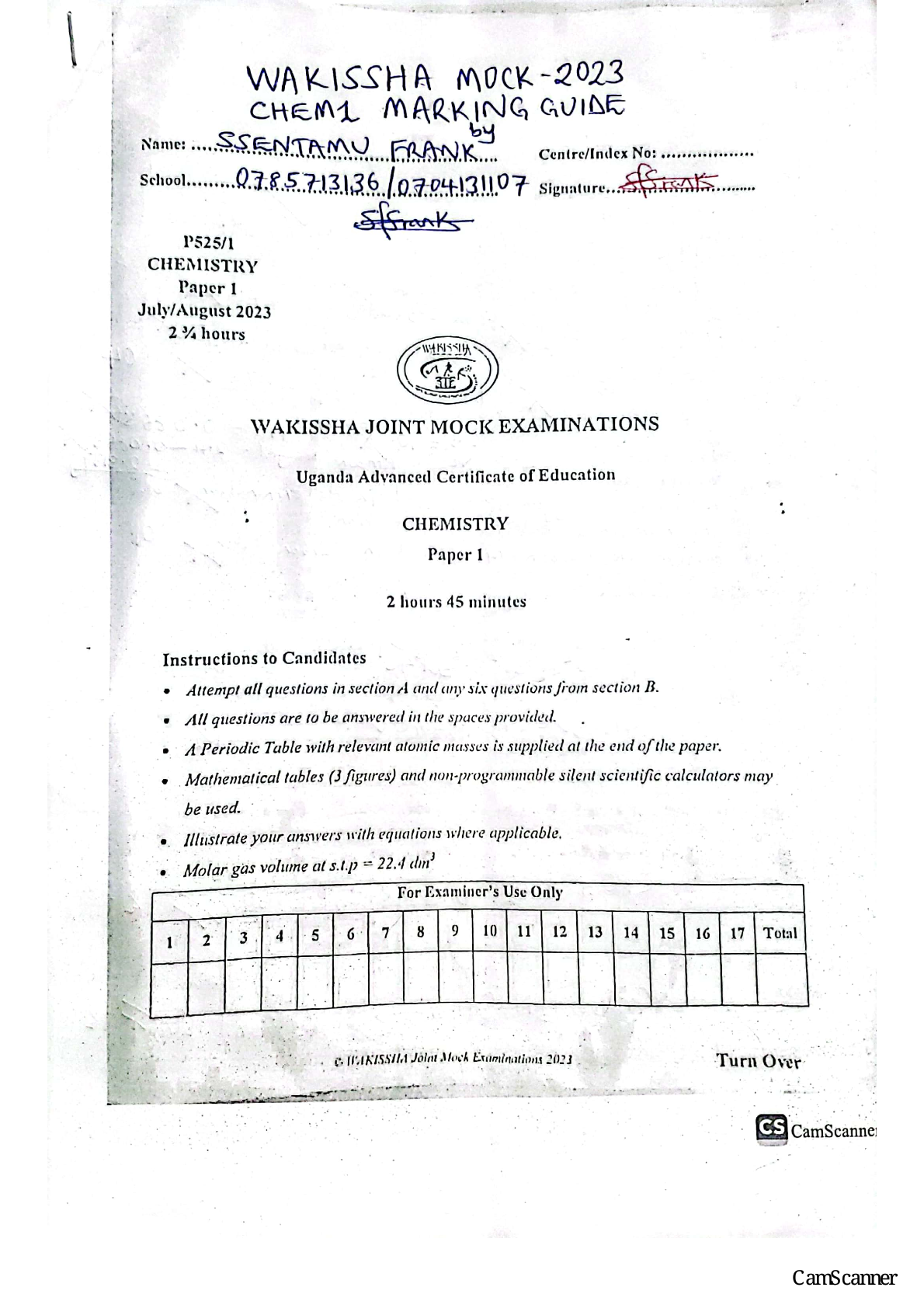 Wakissha Chem1 UACE 2023 Marking guide by SF