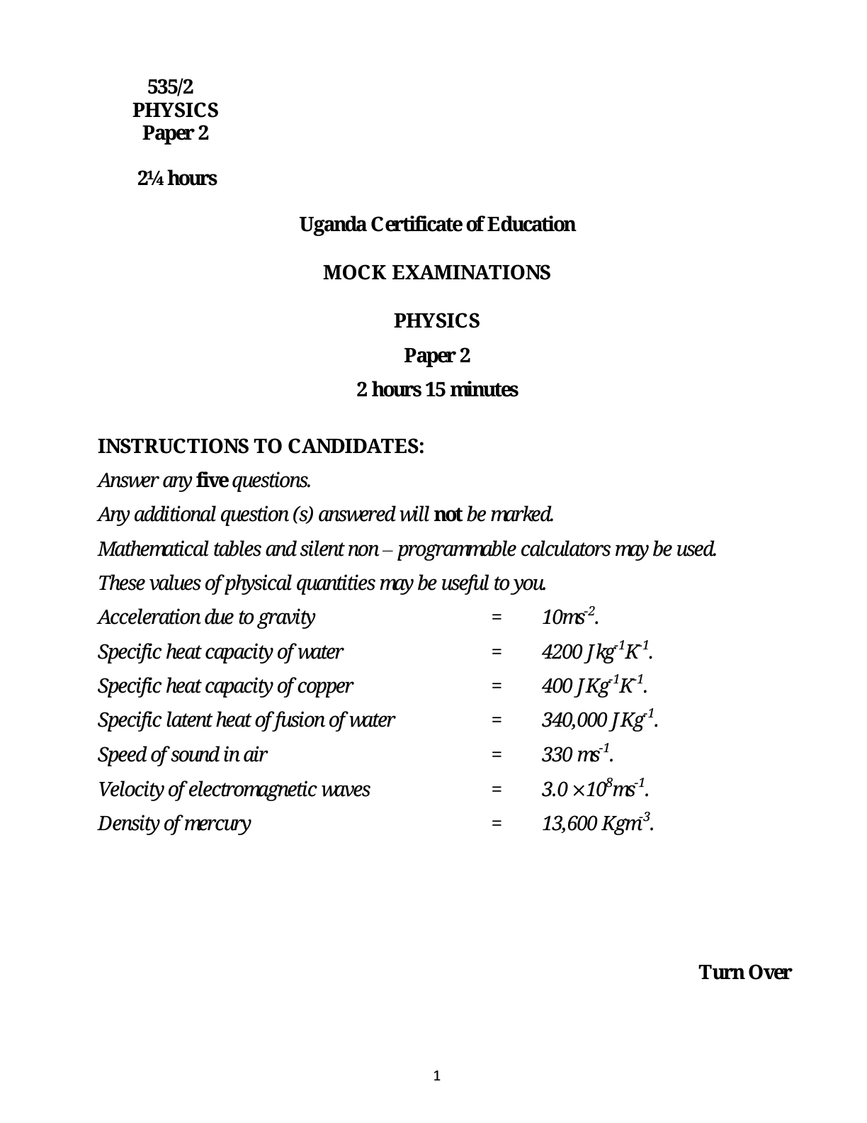 S4 PHYSICS PAPER 2 MOCK