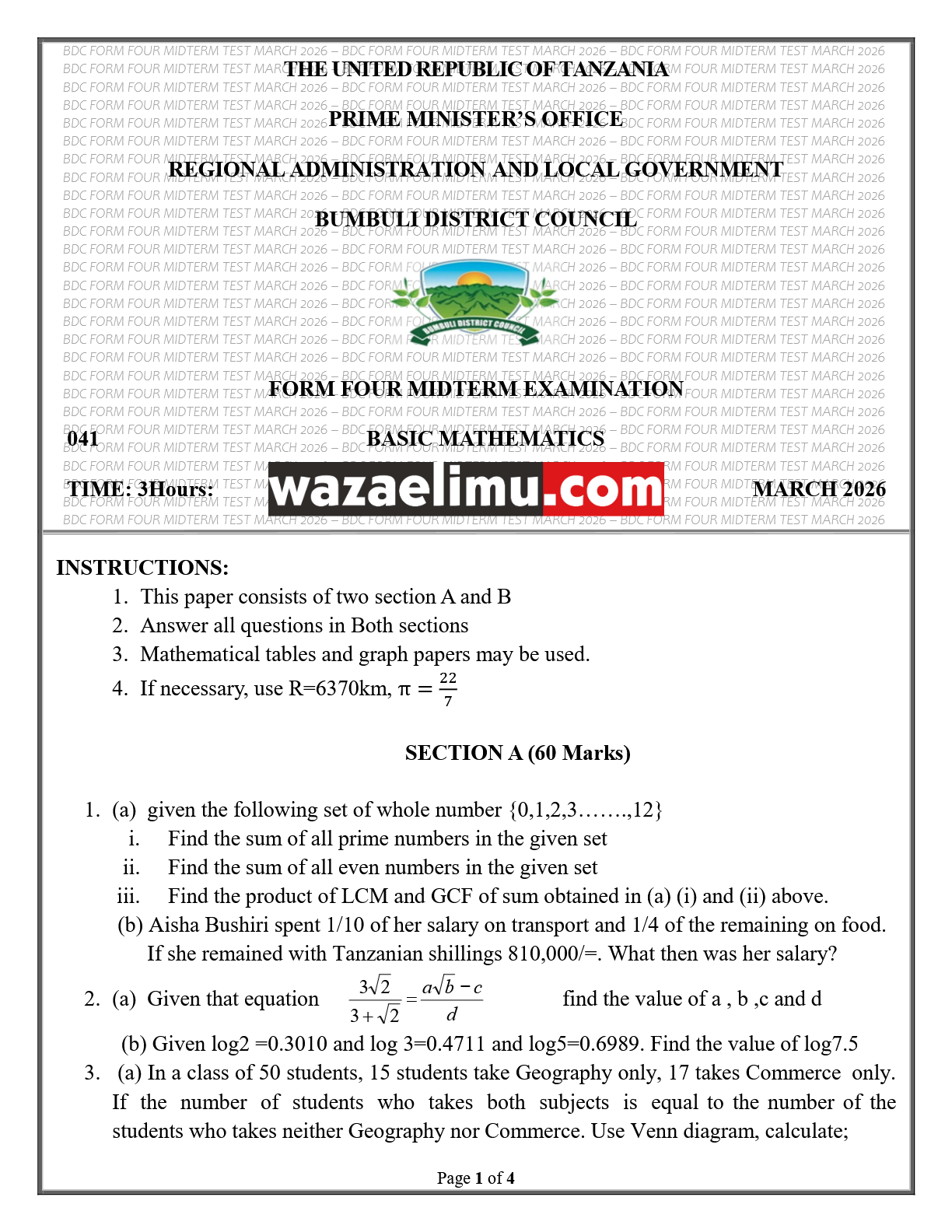 F4 MATHEMATICS PAPER MARCH 2026 - WazaElimu.com