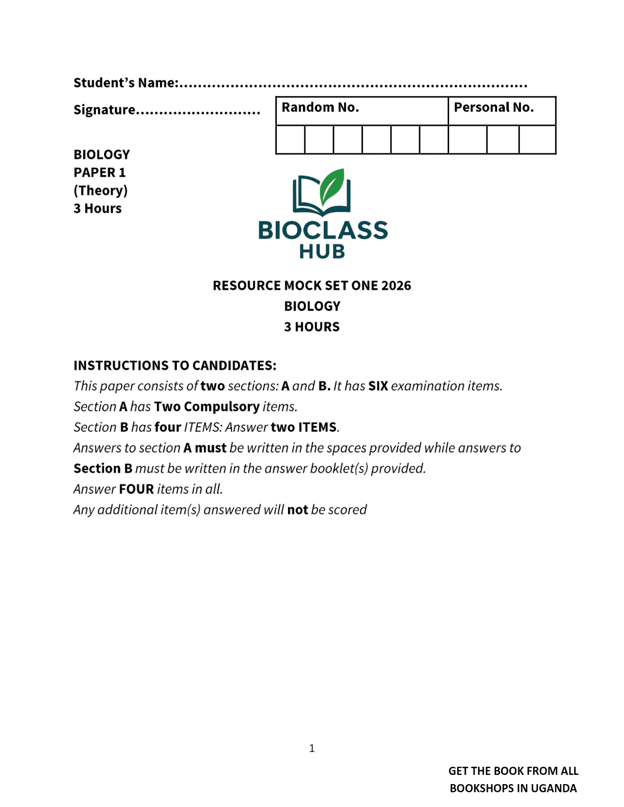 S.6 BIOLOGY RESOURCE MOCK P.1 SET ONE BIOCLASS 2026