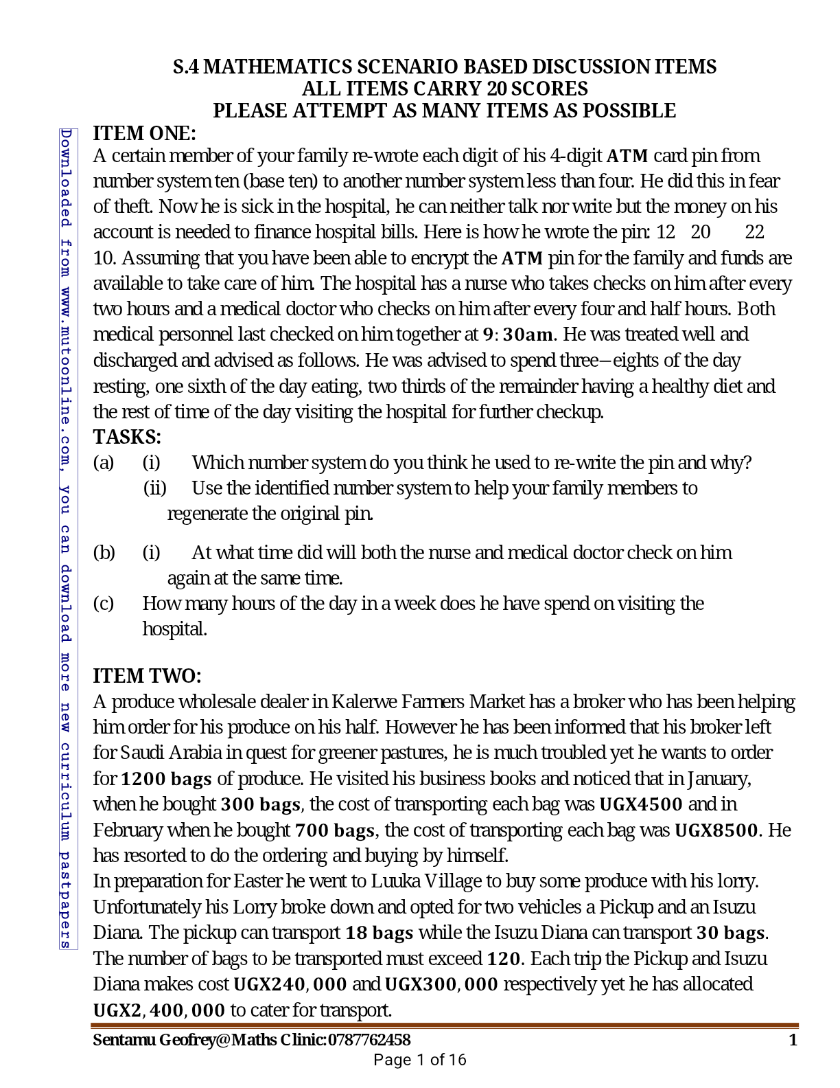 Mathematics S4 scenario questions