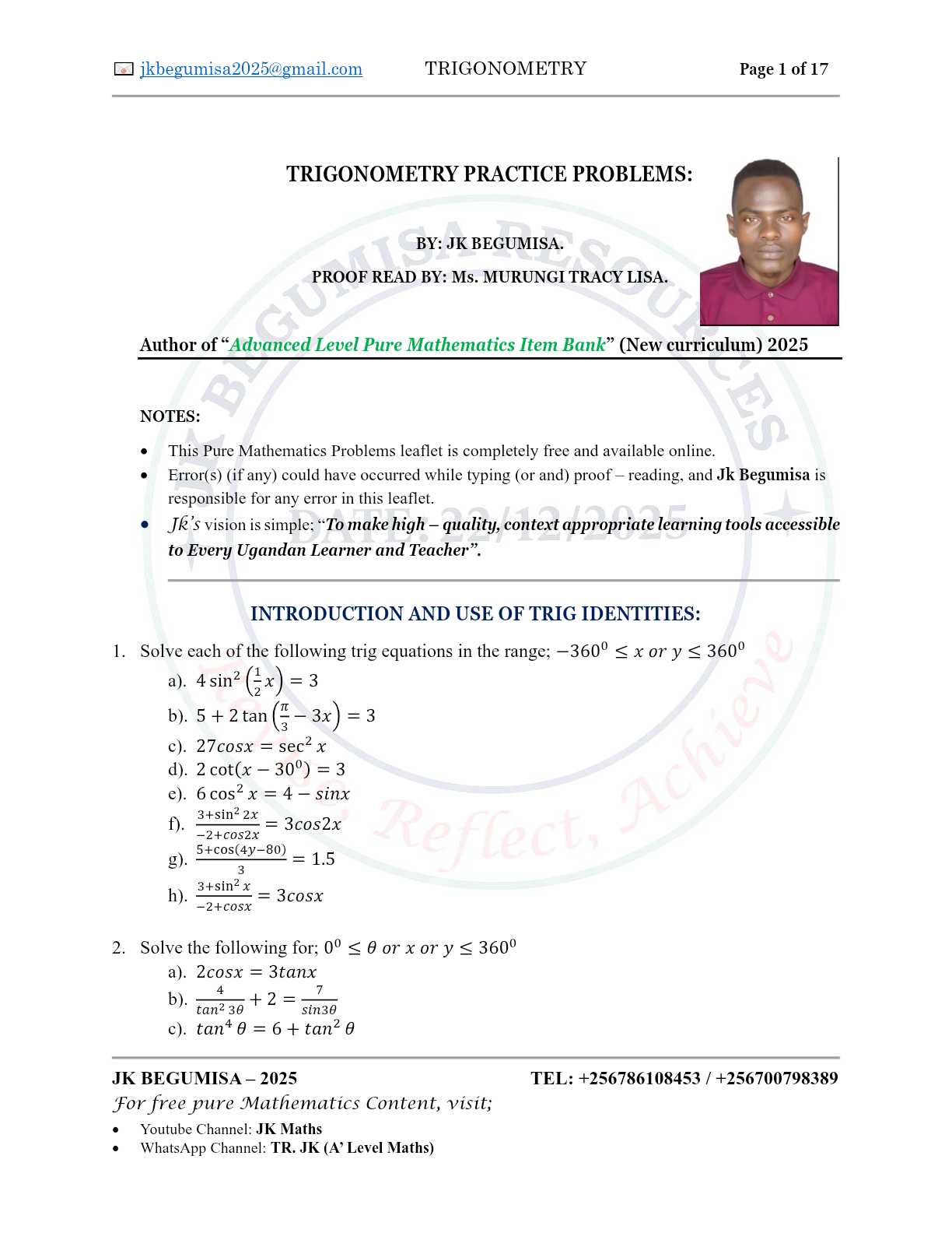 'A' LEVEL EXCLUSIVE TRIG PROBLEMS - JK BEGUMISA - 2025.