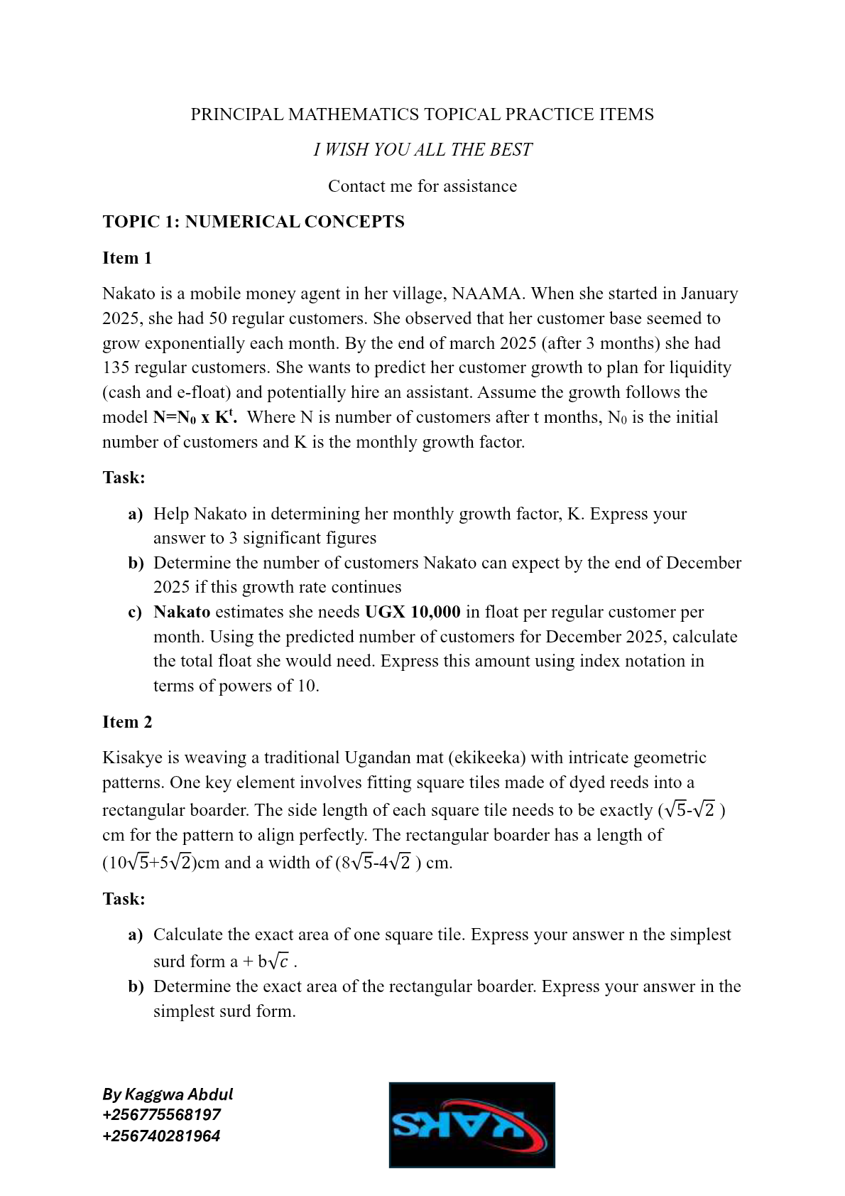 PRINCIPAL MATHEMATICS TOPICAL PRACTICE ITEMS