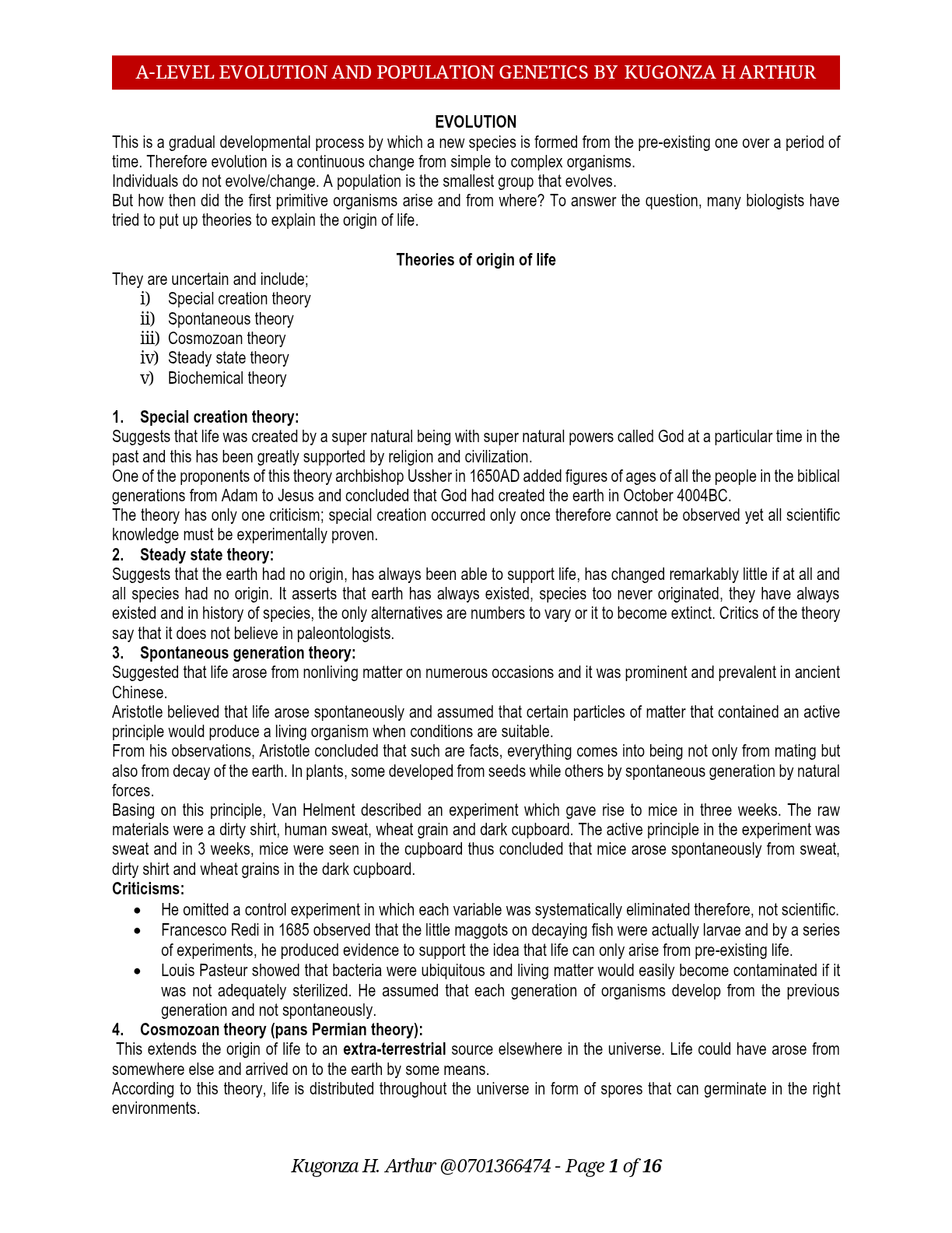 EVOLUTION AND POPULATION GENETICS by Arthur (1)