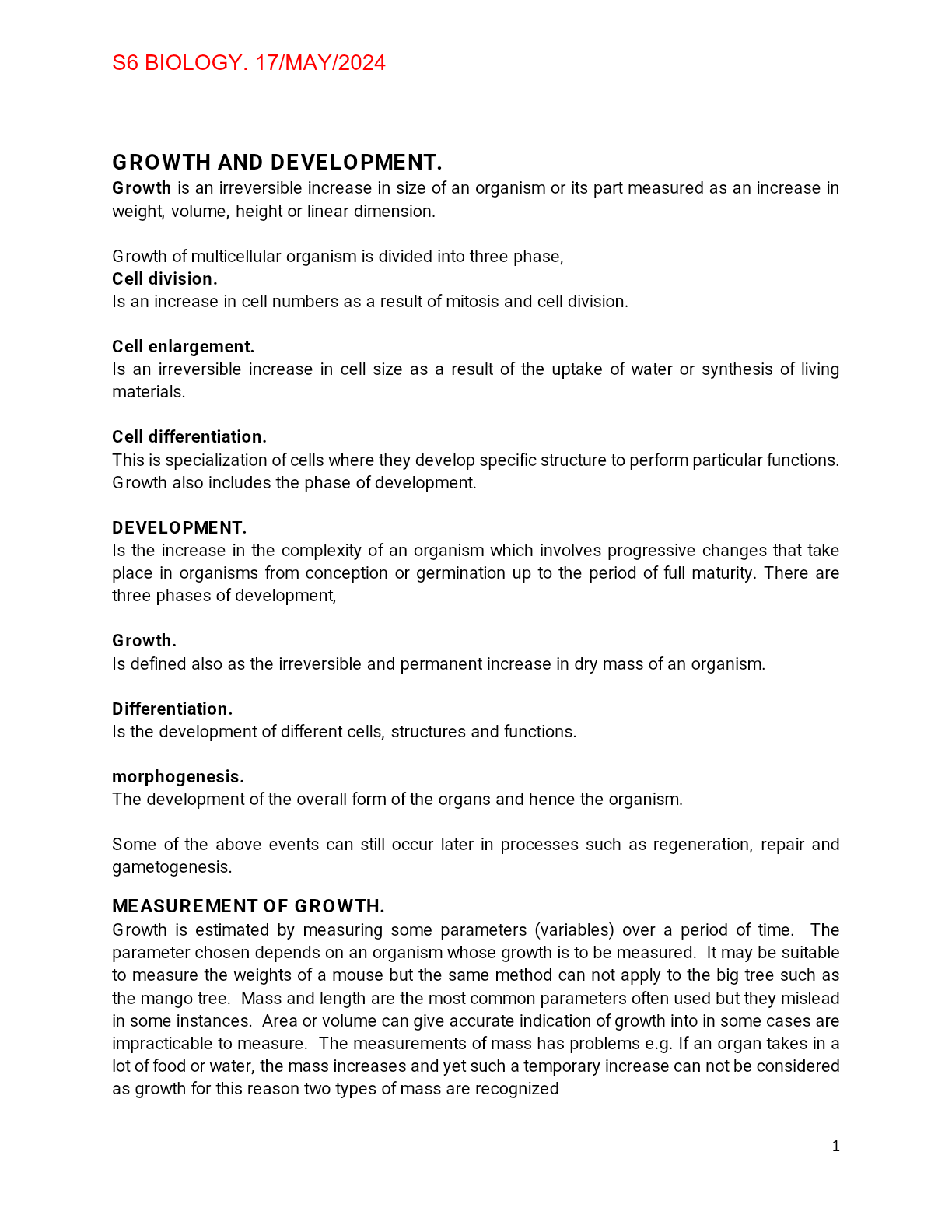 S6 BIO (GROWTH AND DEVELOPMENT)