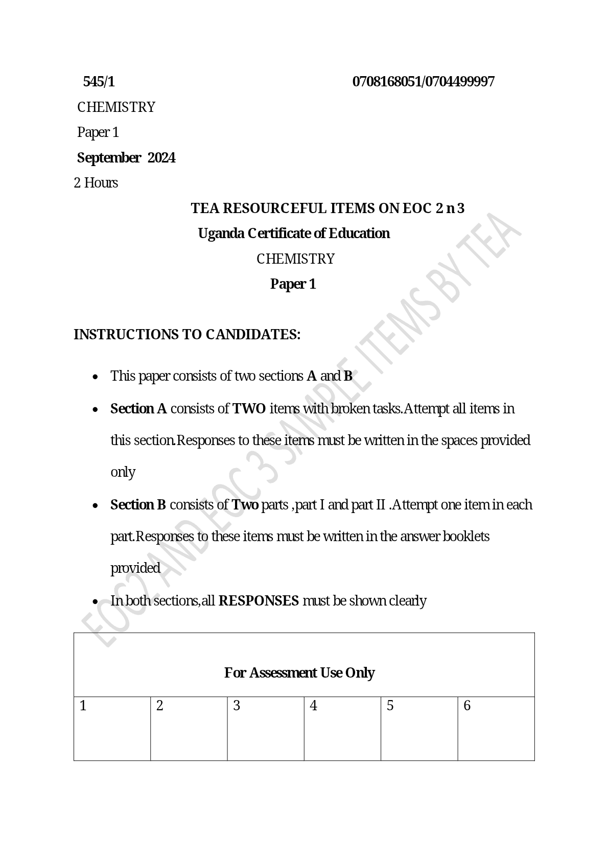 UCE CHEM1 ITEMS 2024 ON EOC2 & EOC3 [BY TEA]