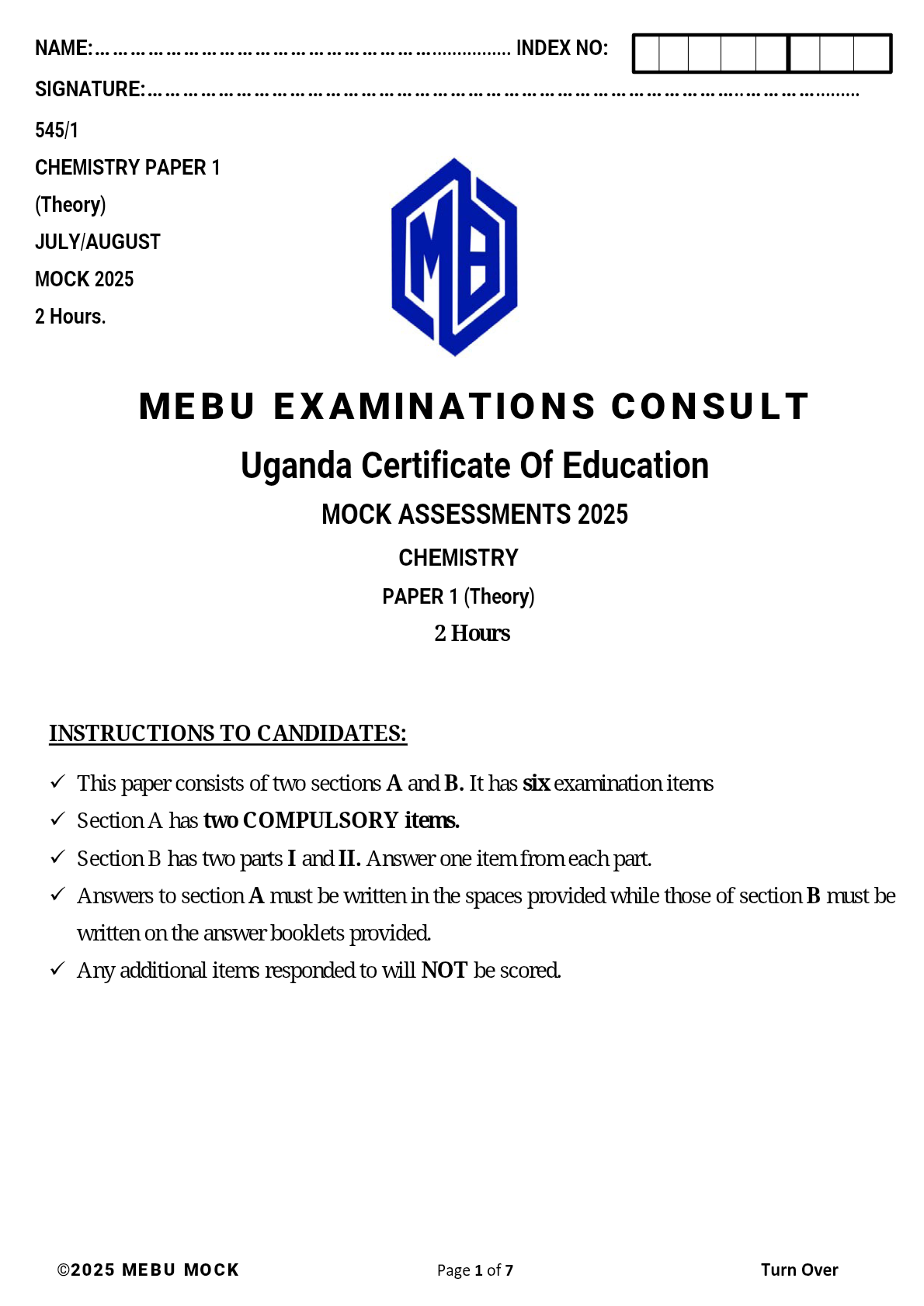 UCE CHEMISTRY MOCK PAPER 1 2025