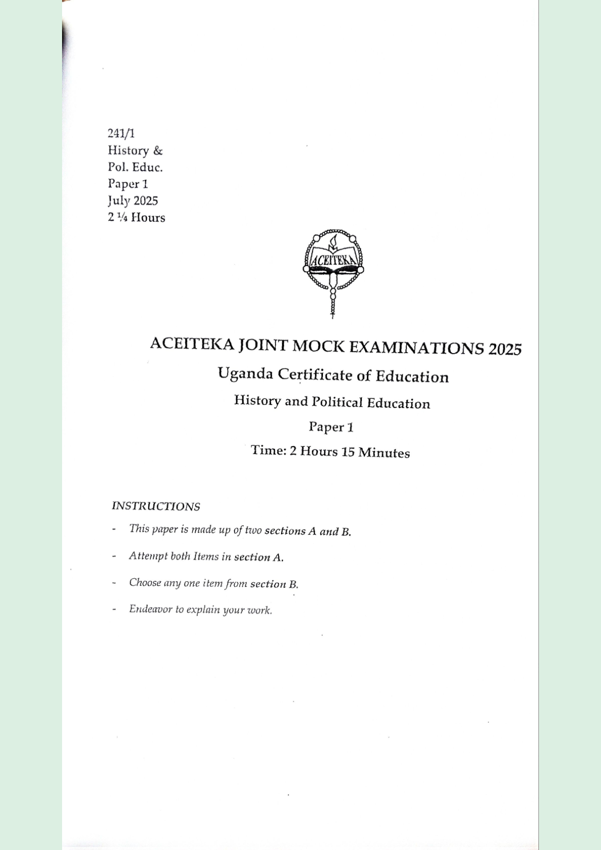 HISTORY ACEITEKA JOINT MOCK EXAMINATIONS