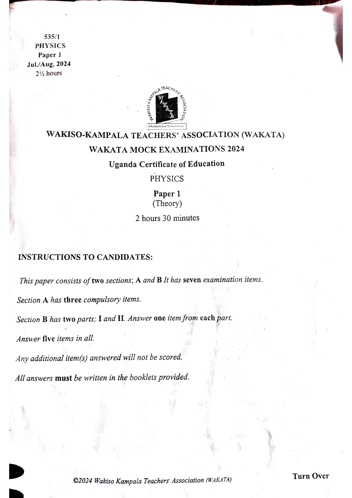 WAKATA MOCK EXAMINATION UCE PHYSICS PAPER ONE THEORY 2024