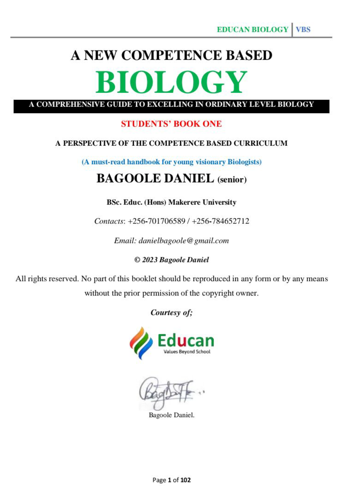 S.1 BIOLOGY. THE NEW COMPETENCE BASED BIOLOGY