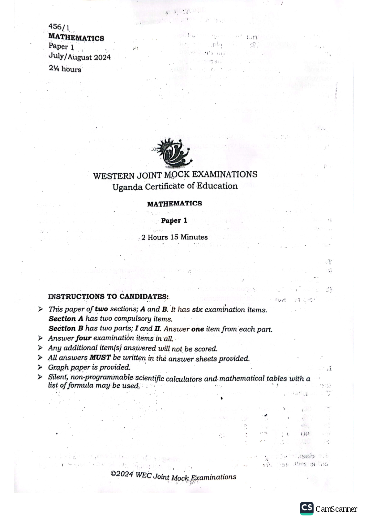 WESTERN JOINT MOCK EXAMINATION UCE MATHEMATICS PAPER 1 JULY AUGUST 2024