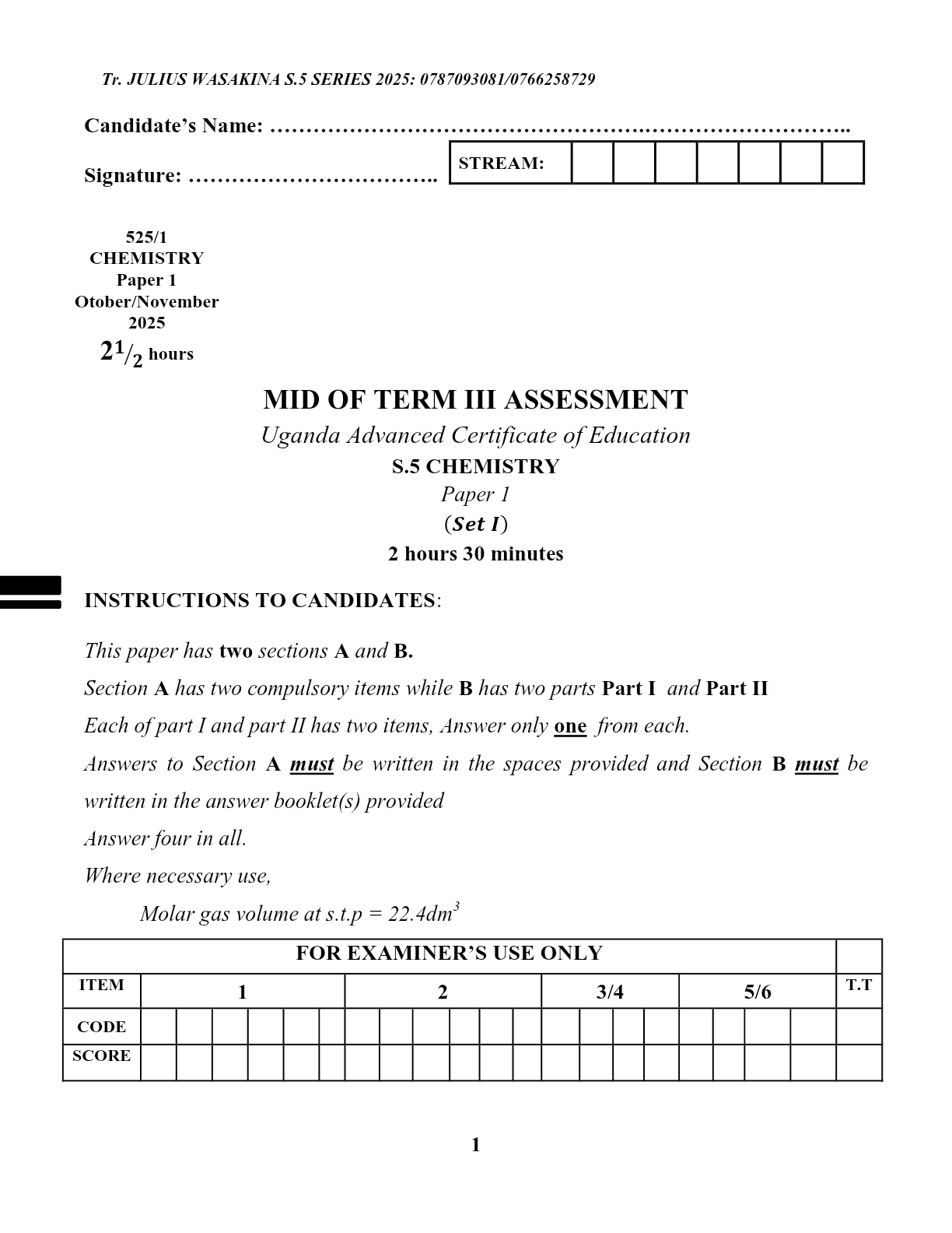 S.5 CHEMISTRY MID TERM III SAMPLE PAPER 1(0)