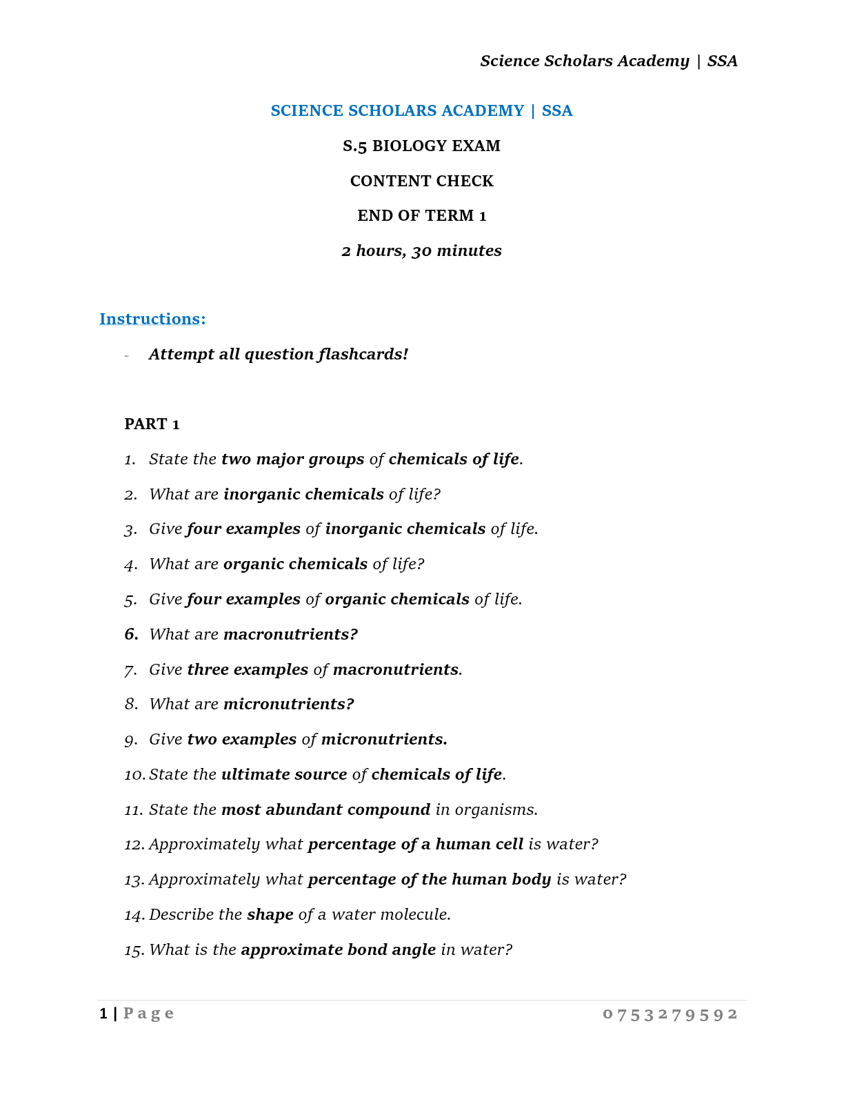 SSA BIOLOGY FLASHCARDS