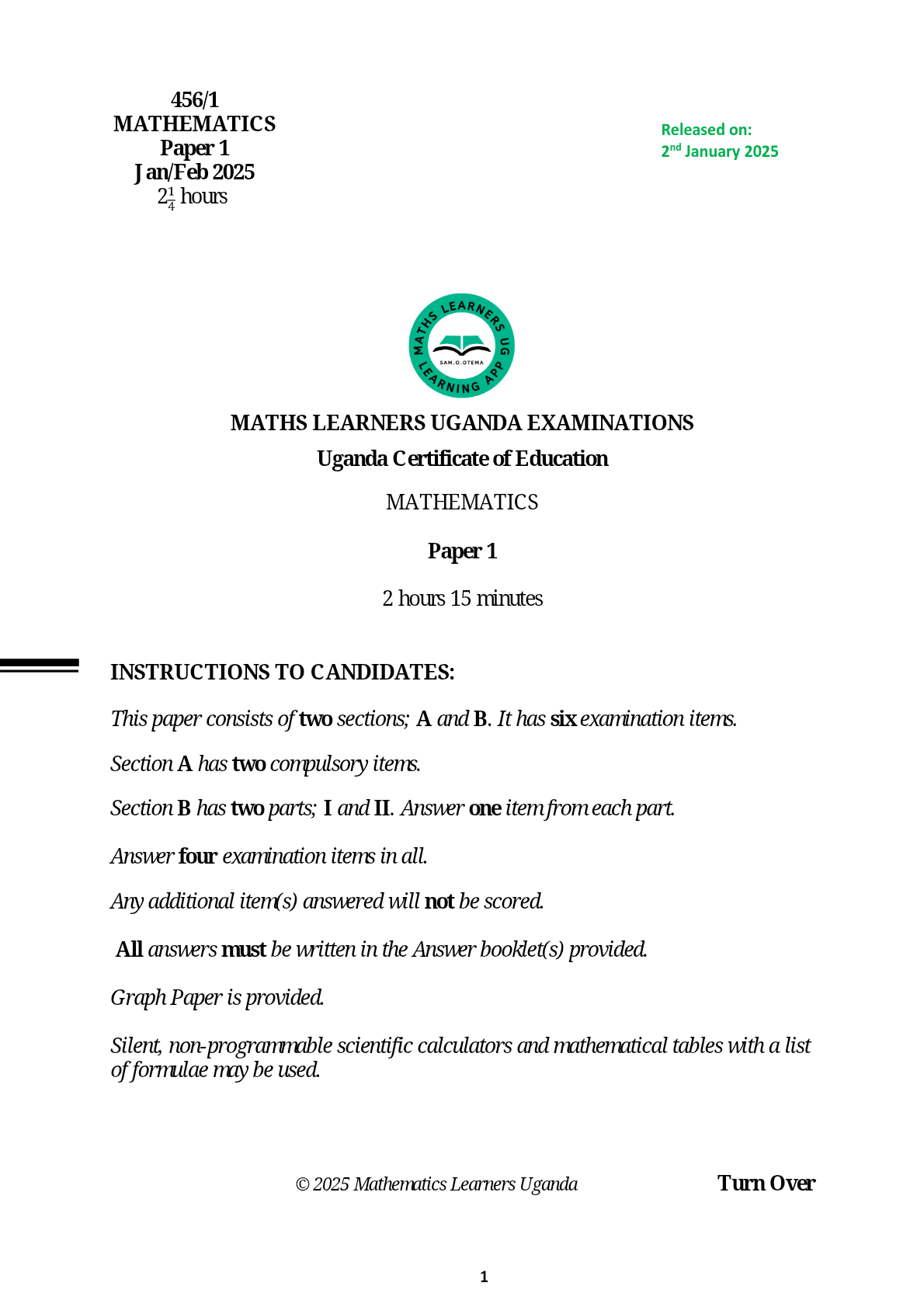 2025 UCE MATHS QUESTION PAPER EP1