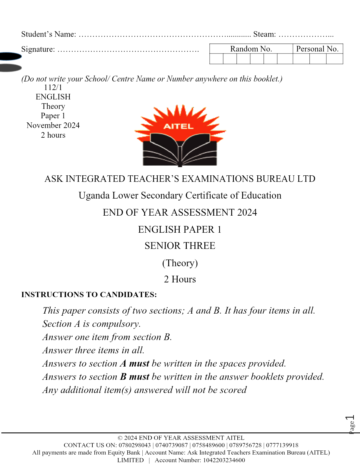 ENGLISH 1 AITEL  S.3 ASSESSMENT