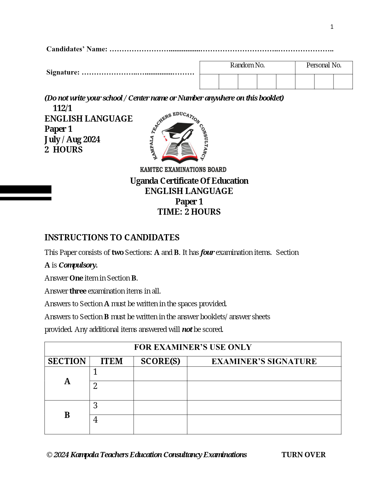 ENGLISH  LANGUAGE PAPER 1 O LEVEL