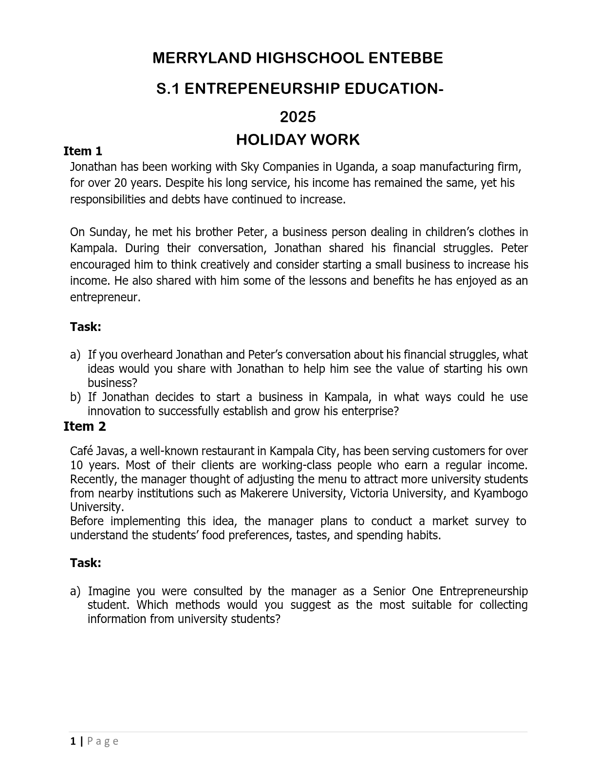 S1 entrepreneurship scenario
