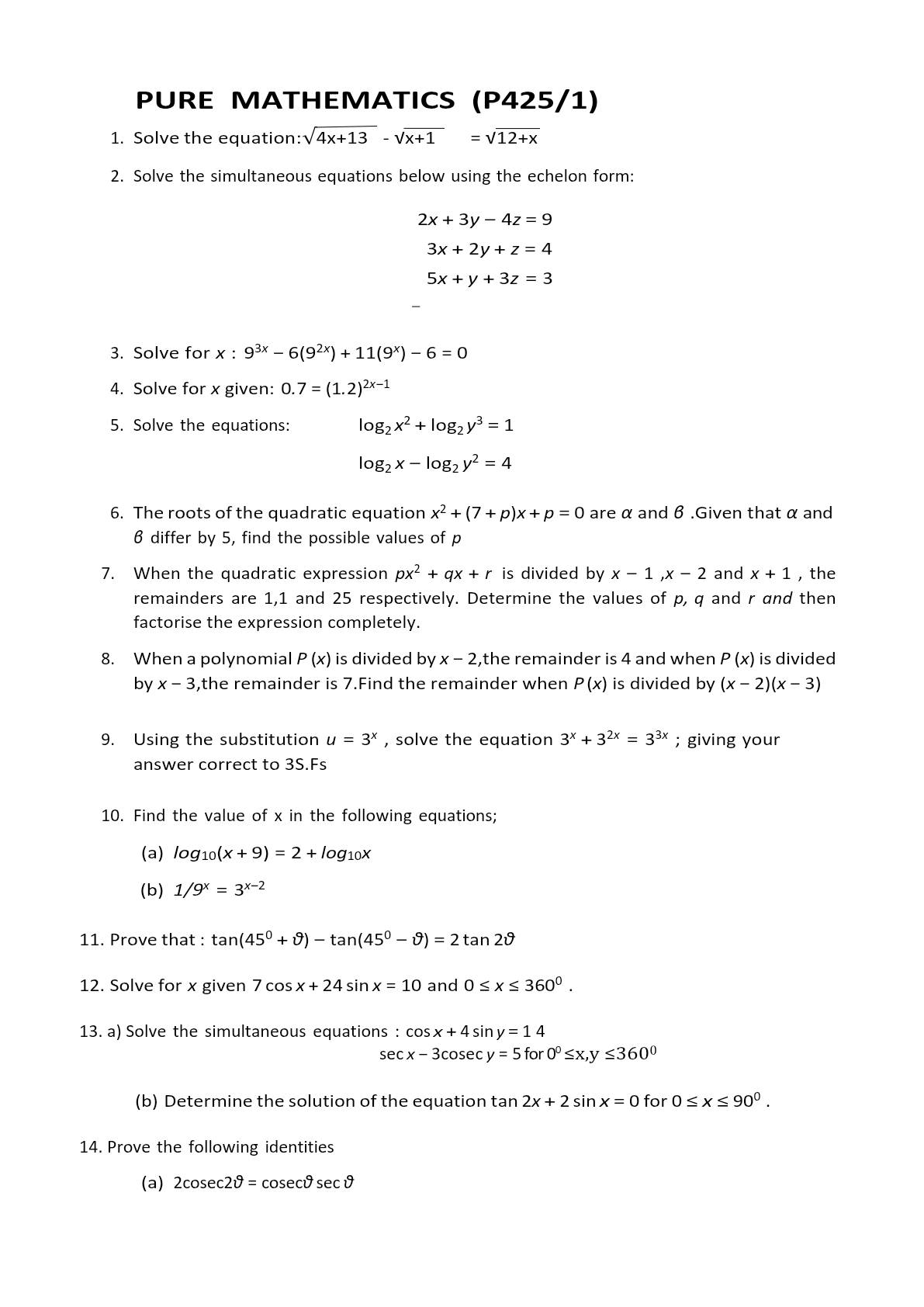 S.5 Pure Mathematics