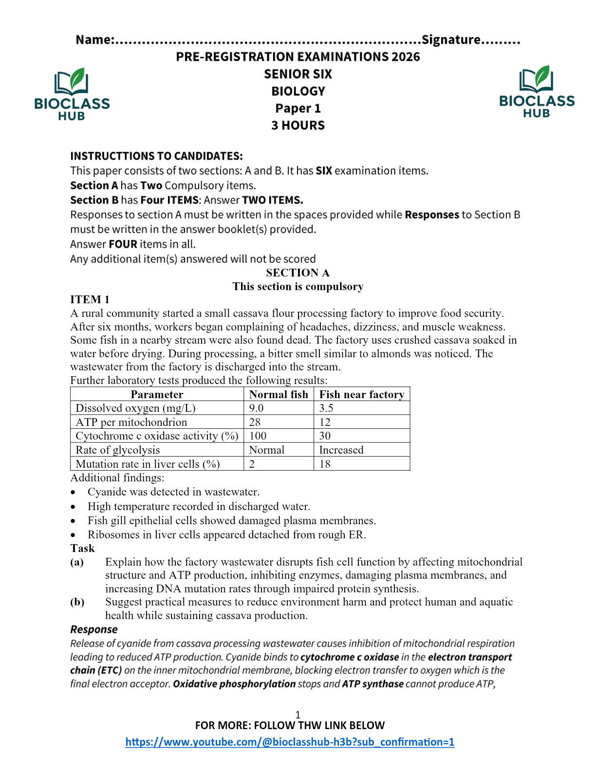 S.6 BIOLOGY P1 PRE-REGISTRATION