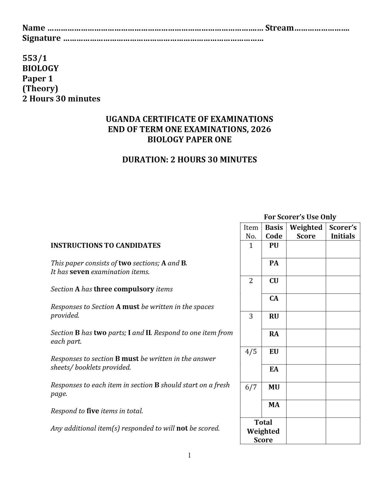 BIOLOGY PAPER 1