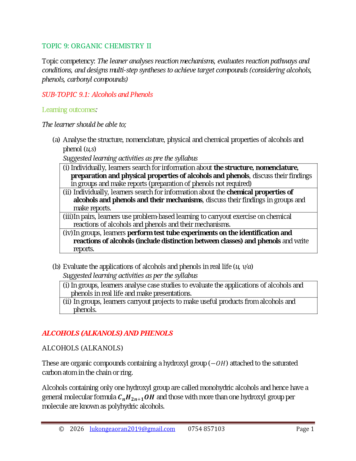 TOPIC 9 alcohols new curriculum pdf 2026 ronny proud