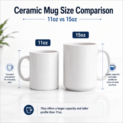 Ceramic mug 11oz and 15oz size comparison