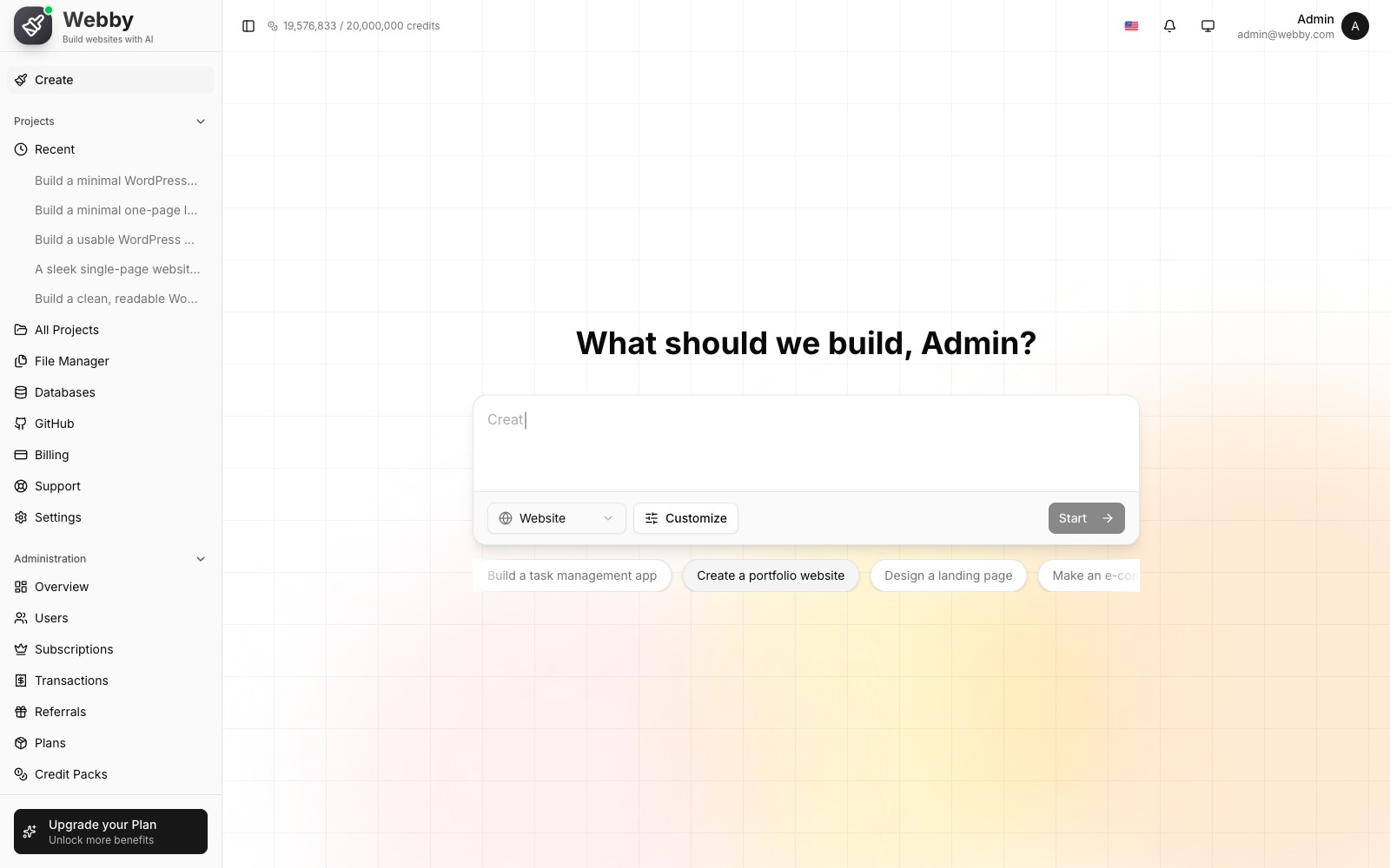 Webby Create page — pick an output type and start building