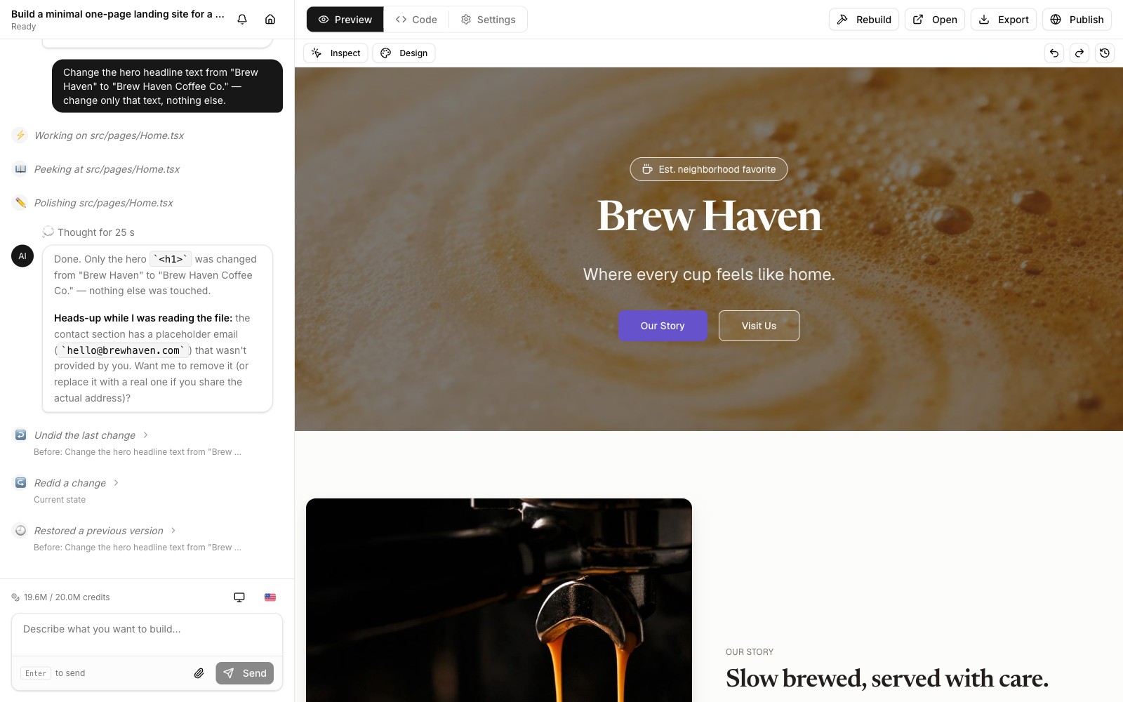 Webby editor — AI chat beside a live preview of the generated website