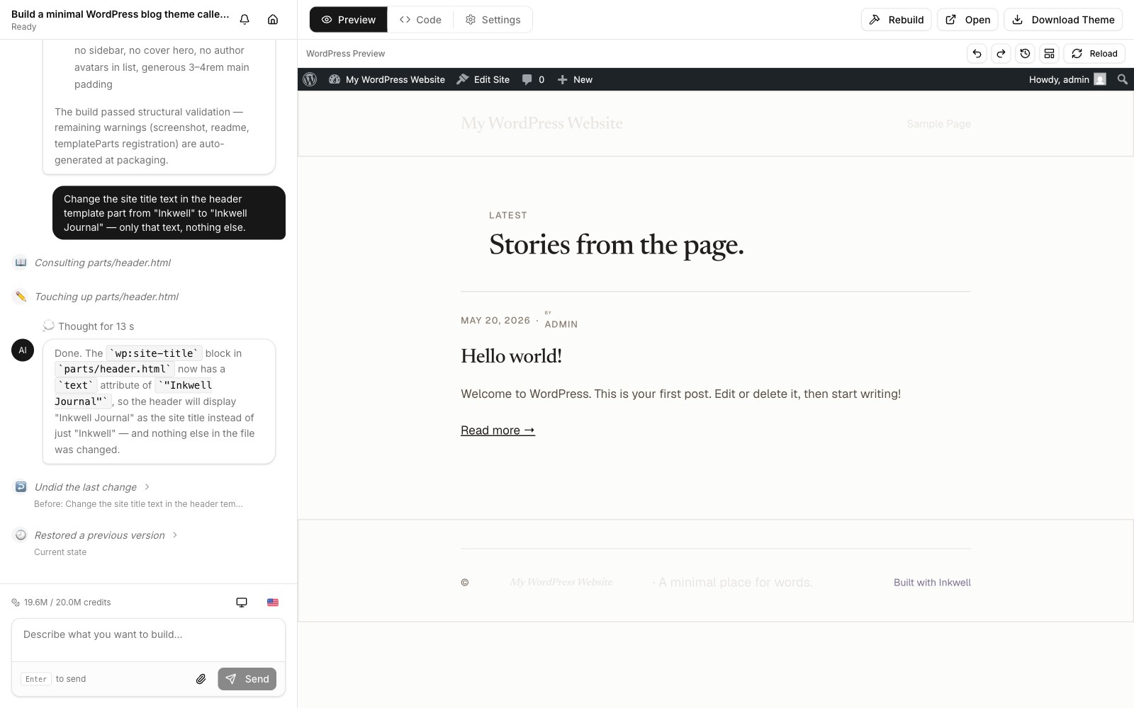 Generated WordPress block theme running live in the in-browser WordPress Playground preview