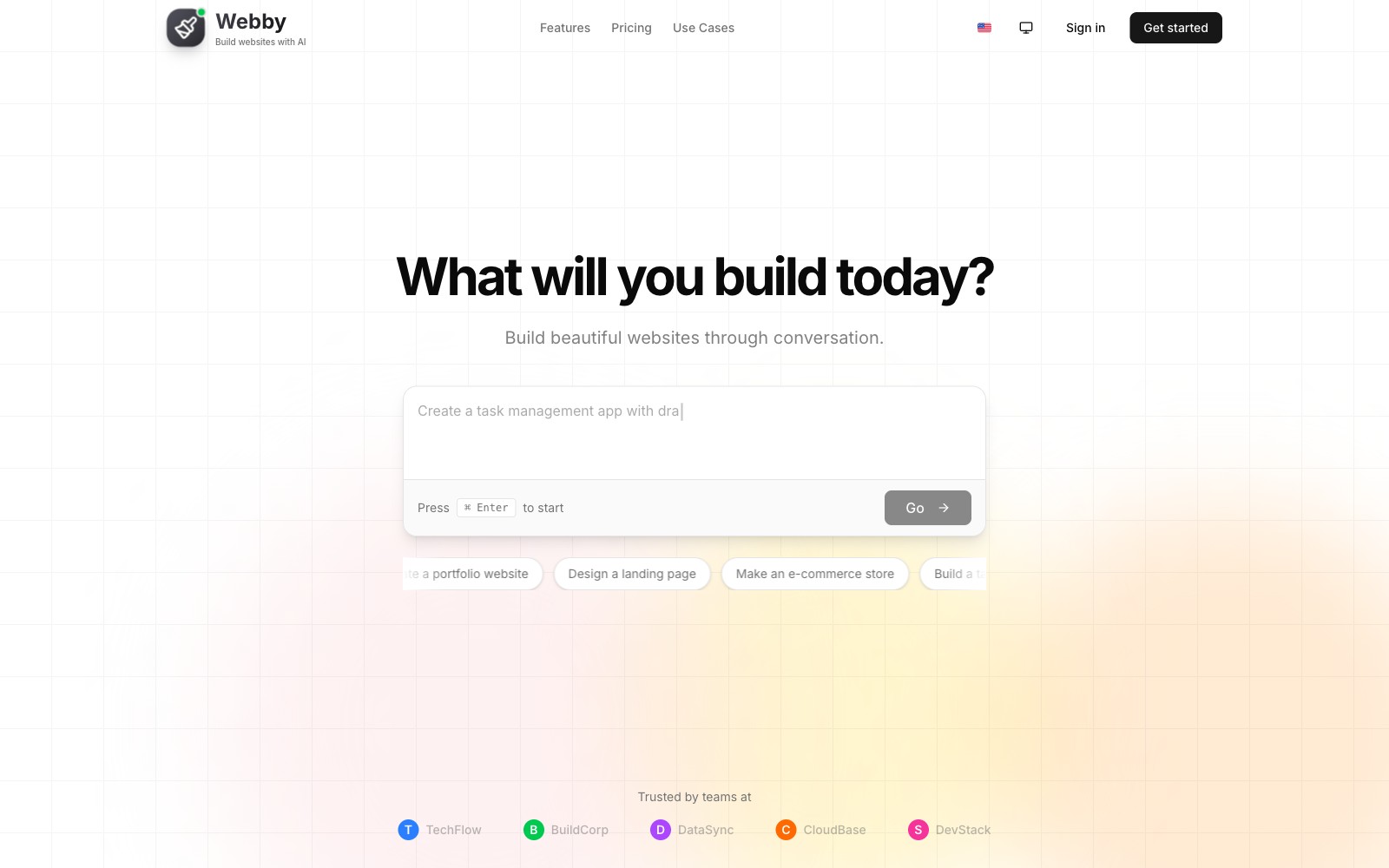 Webby landing page — describe a website and AI builds it
