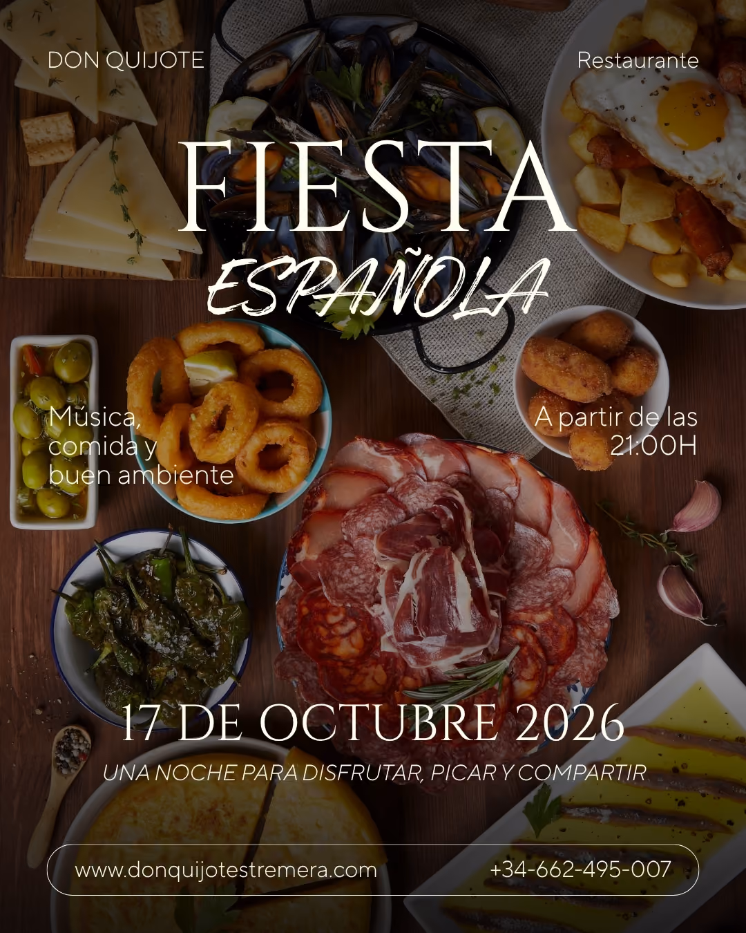 Fiesta Española en Don Quijote Restaurante, 17 de octubre de 2026, a partir de las 21:00H. Música, comida y buen ambiente.